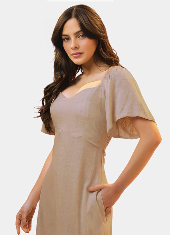 Vestido Longo de Linho Bege Mocca com Mangas e Bolso - Imagem 6