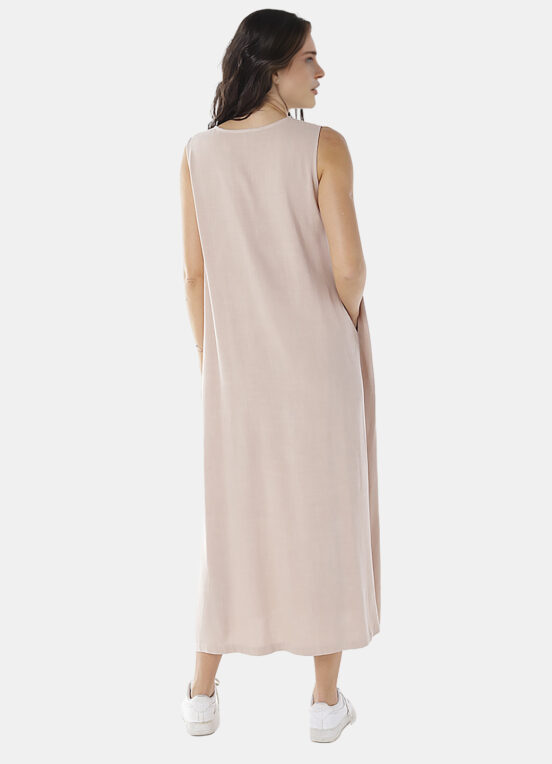Vestido Longo de Linho Bege Gola V com Bolsos Sob - Image 5