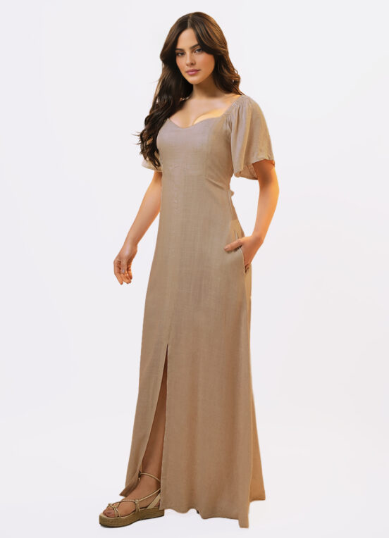 Vestido Longo de Linho Bege Mocca com Mangas e Bolso - Image 5