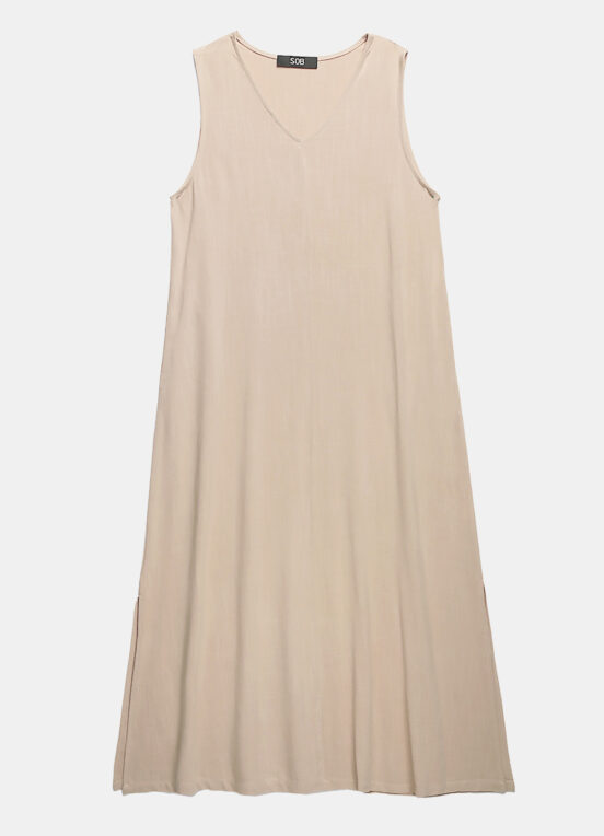 Vestido Longo de Linho Bege Gola V com Bolsos Sob - Image 4