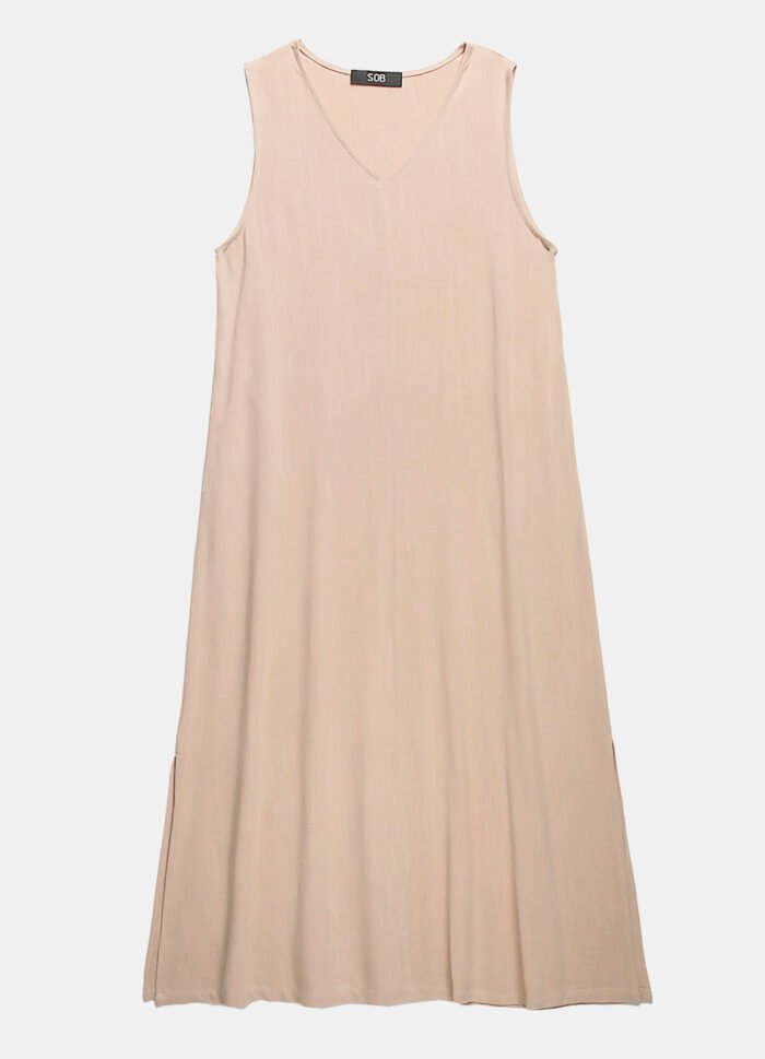 Vestido Longo de Linho Bege Gola V com Bolsos Sob - Imagem 4