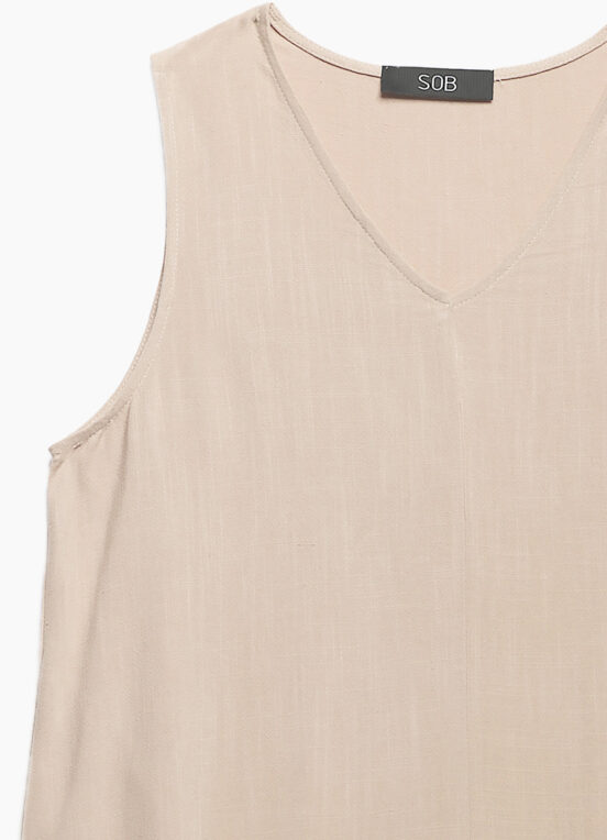 Vestido Longo de Linho Bege Gola V com Bolsos Sob - Image 3