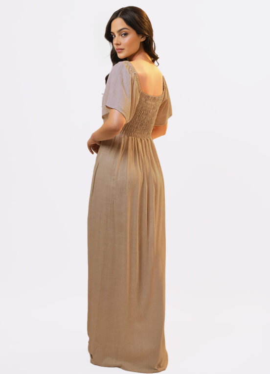 Vestido Longo de Linho Bege Mocca com Mangas e Bolso - Image 3