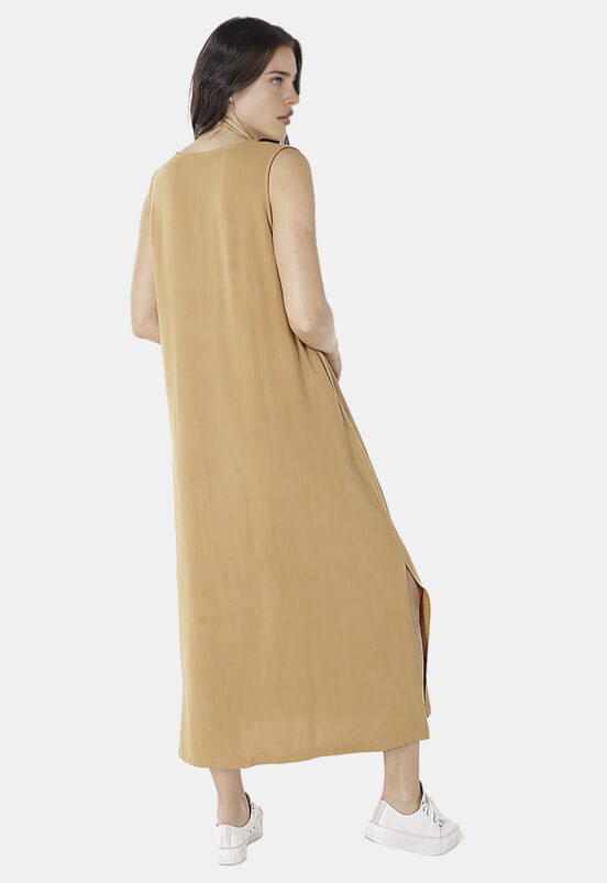 Vestido Longo de Linho Terracota Gola V com Bolsos Sob - Image 2