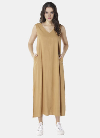 Vestido Longo de Linho Terracota Gola V com Bolsos Sob