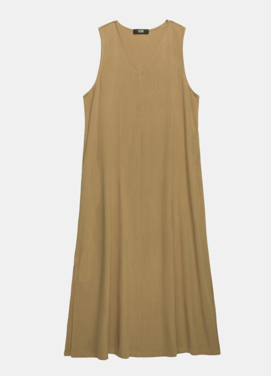 Vestido Longo de Linho Terracota Gola V com Bolsos Sob - Image 5