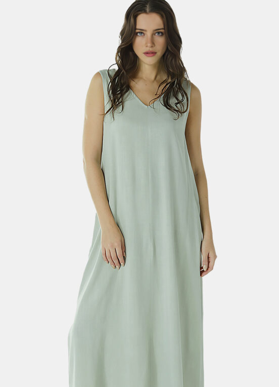 Vestido Longo de Linho Verde Gola V com Bolsos Sob - Image 3