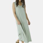 Vestido Longo de Linho Verde Gola V com Bolsos Sob