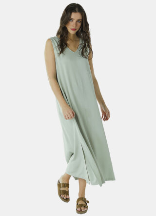 Vestido Longo de Linho Verde Gola V com Bolsos Sob