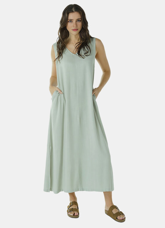 Vestido Longo de Linho Verde Gola V com Bolsos Sob - Image 2