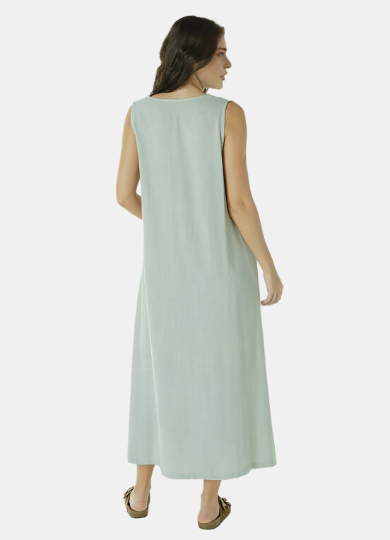 Vestido Longo de Linho Verde Gola V com Bolsos Sob - Image 4