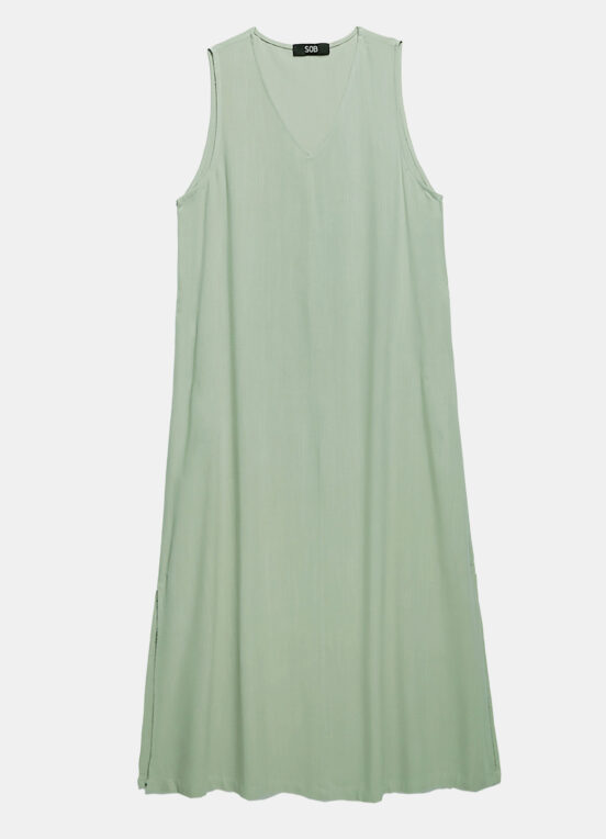 Vestido Longo de Linho Verde Gola V com Bolsos Sob - Image 5