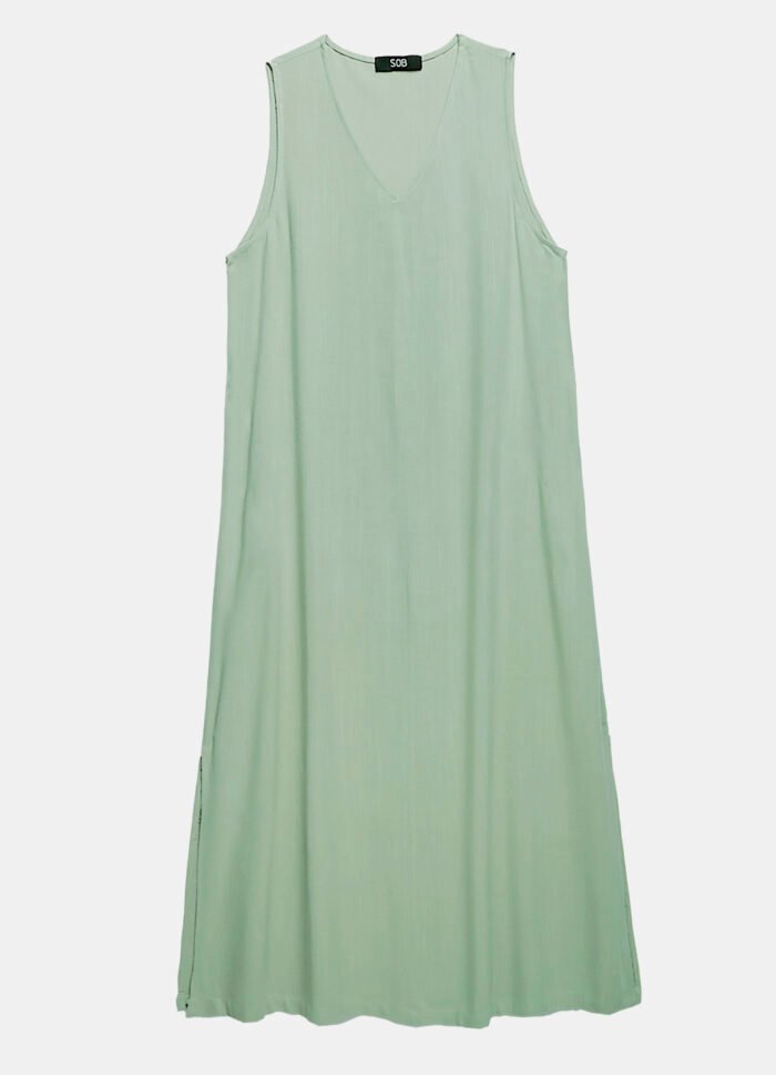 Vestido Longo de Linho Verde Gola V com Bolsos Sob - Imagem 5