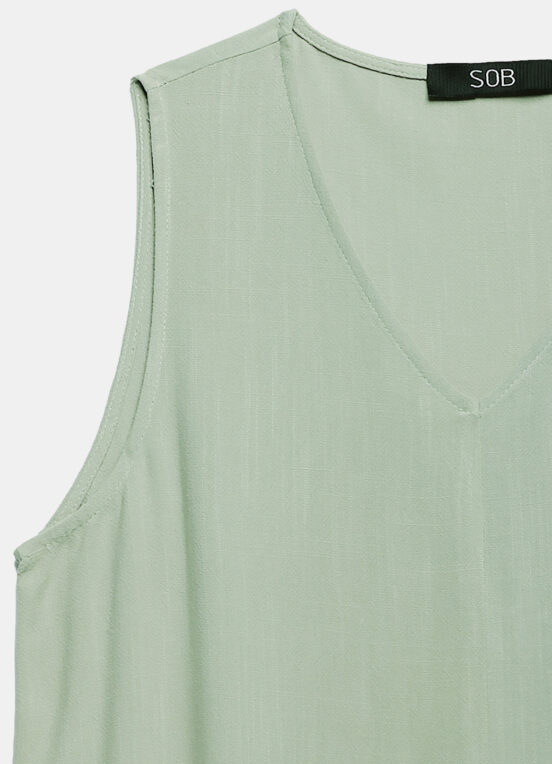 Vestido Longo de Linho Verde Gola V com Bolsos Sob - Image 6