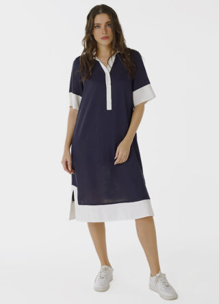 Vestido de Linho Midi Marinho/Off Mangas Curtas Solto com Bolsos