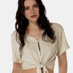 Blusa Bege de Linho Risca de Giz Manga Curta