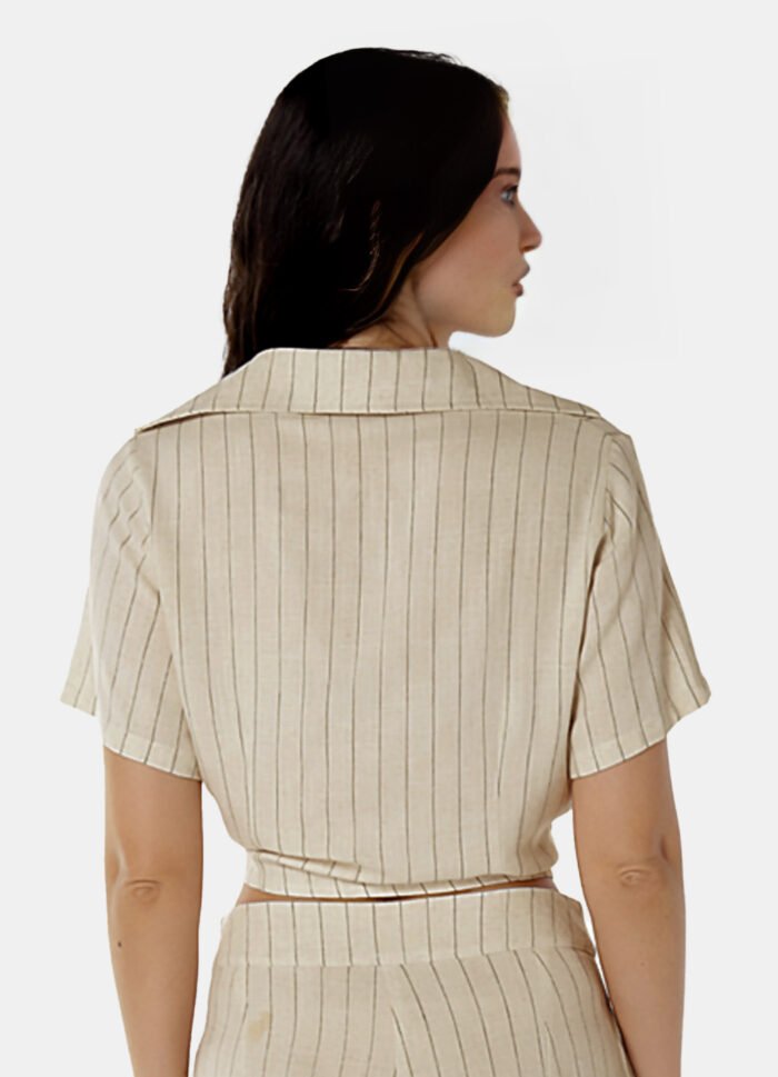 Blusa Bege de Linho Risca de Giz Manga Curta - Imagem 5