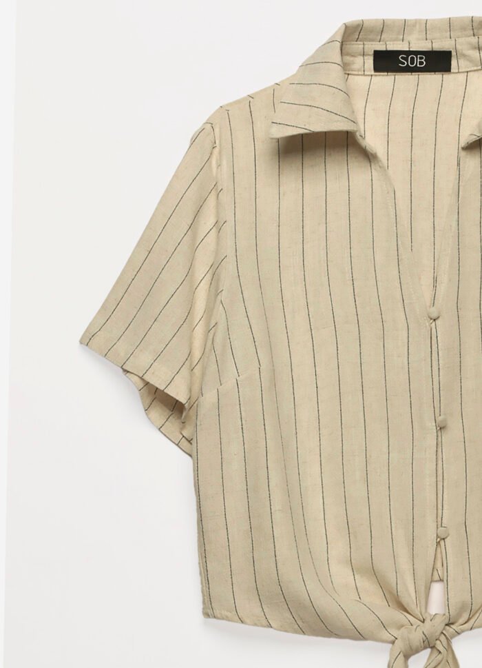 Blusa Bege de Linho Risca de Giz Manga Curta - Imagem 6