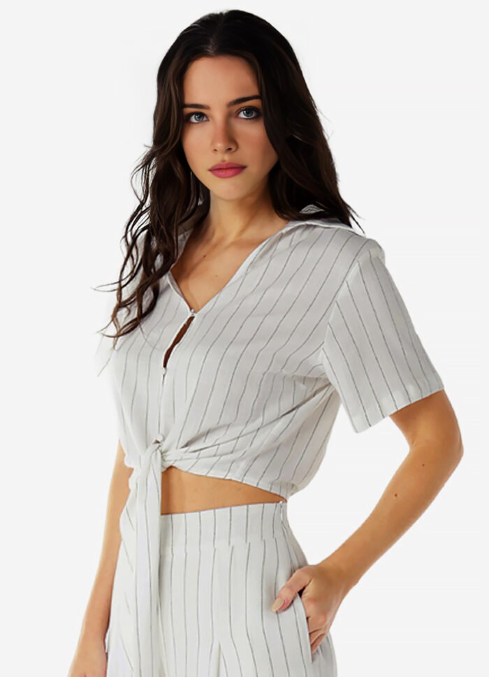 Blusa Branca de Linho Risca de Giz Manga Curta - Imagem 2