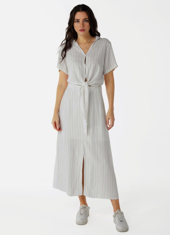 Saia Longa de Linho Branca Risca de Giz com Fenda - Imagem 5