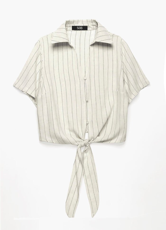 Blusa Branca de Linho Risca de Giz Manga Curta - Imagem 6