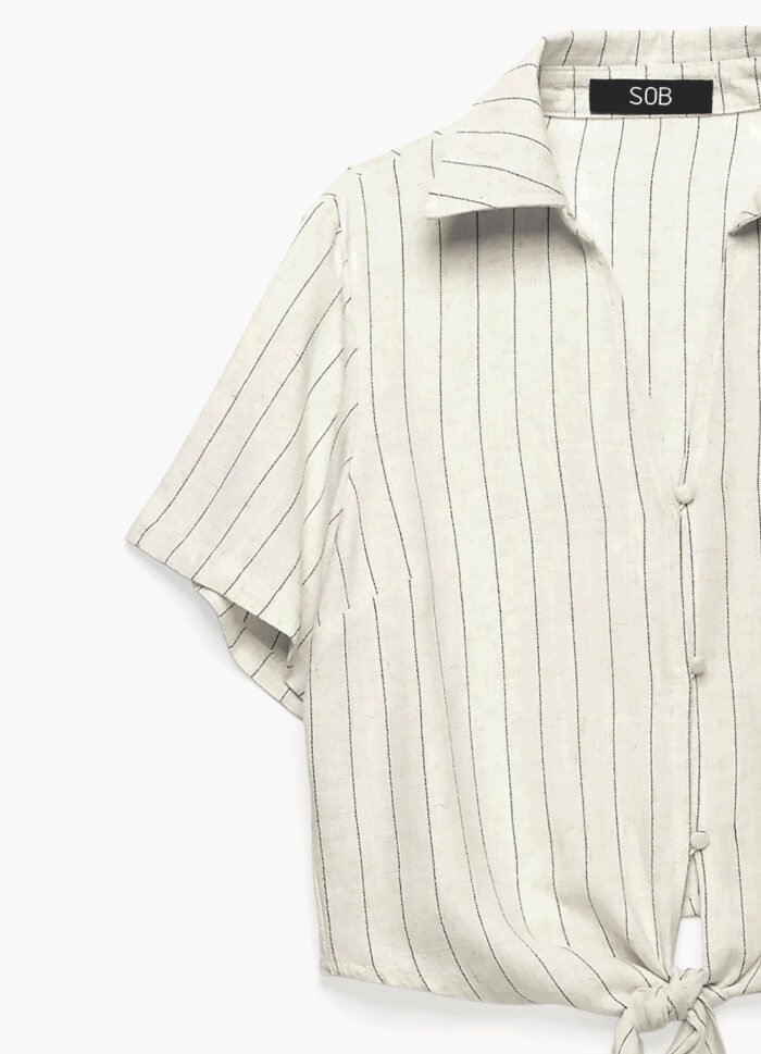 Blusa Branca de Linho Risca de Giz Manga Curta - Imagem 7