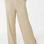 Calça Pantalona de Linho Bege Risca de Giz com Bolsos