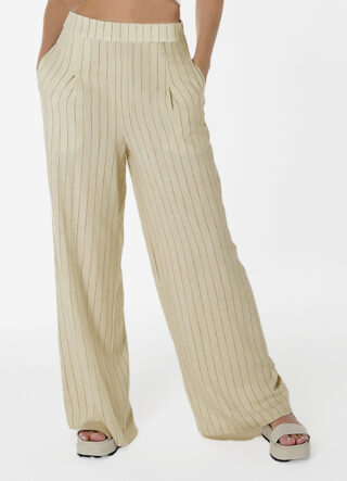 Calça Pantalona de Linho Bege Risca de Giz com Bolsos