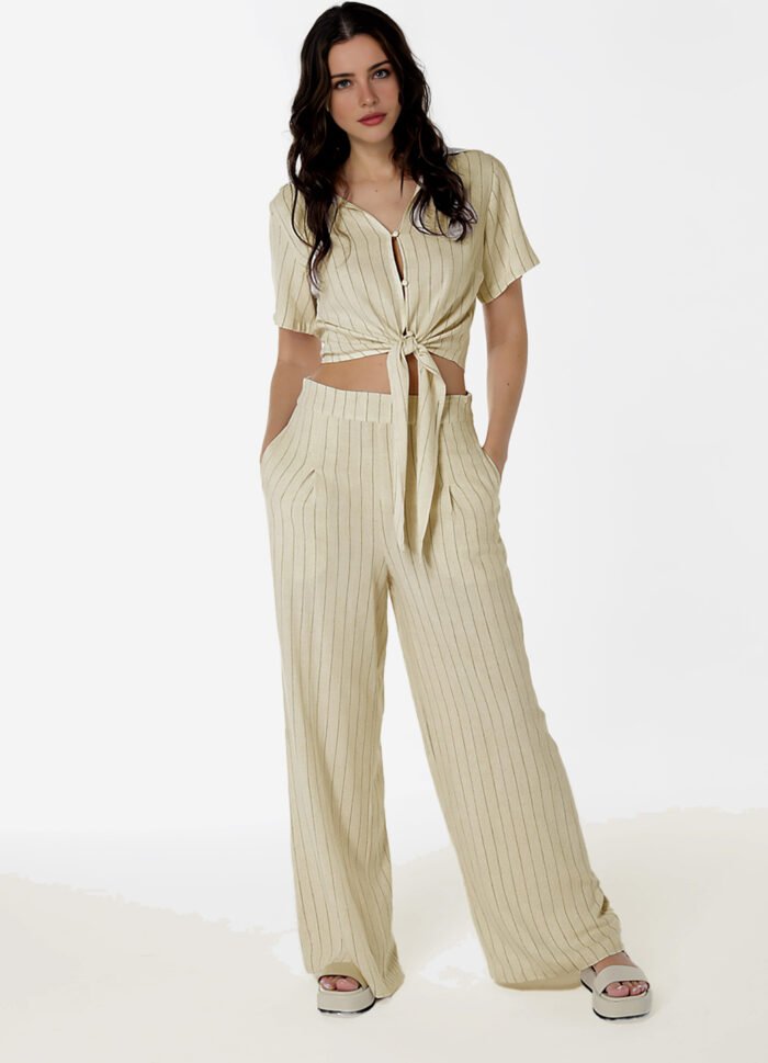 Calça Pantalona de Linho Bege Risca de Giz com Bolsos - Imagem 2