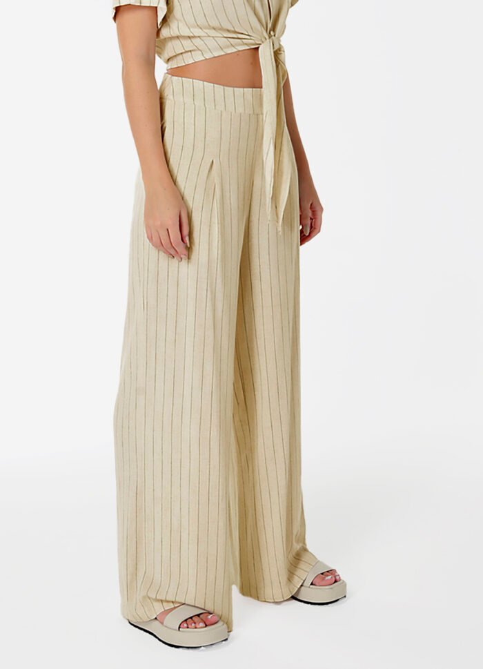 Calça Pantalona de Linho Bege Risca de Giz com Bolsos - Imagem 6