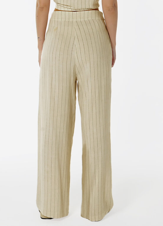 Calça Pantalona de Linho Bege Risca de Giz com Bolsos - Image 5