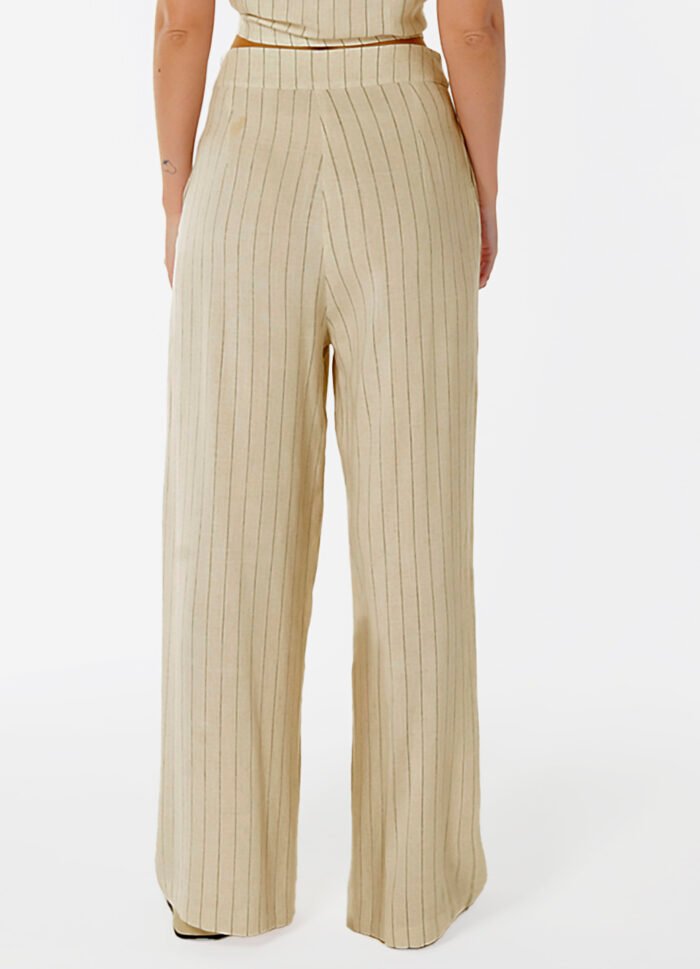 Calça Pantalona de Linho Bege Risca de Giz com Bolsos - Imagem 5