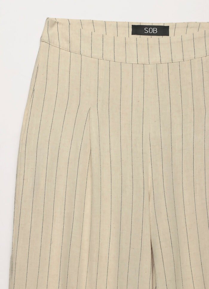 Calça Pantalona de Linho Bege Risca de Giz com Bolsos - Imagem 4