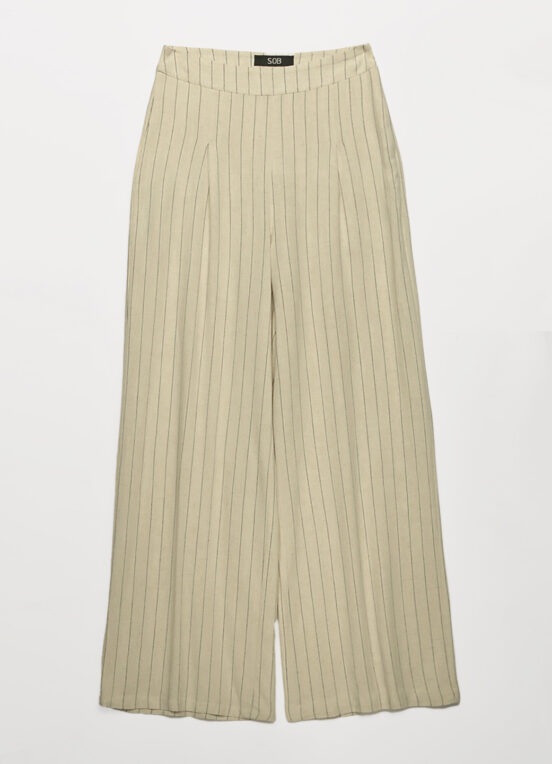 Calça Pantalona de Linho Bege Risca de Giz com Bolsos - Image 3