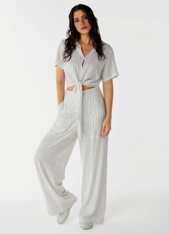 Calça Pantalona de Linho Branca Risca de Giz com Bolsos - Image 2