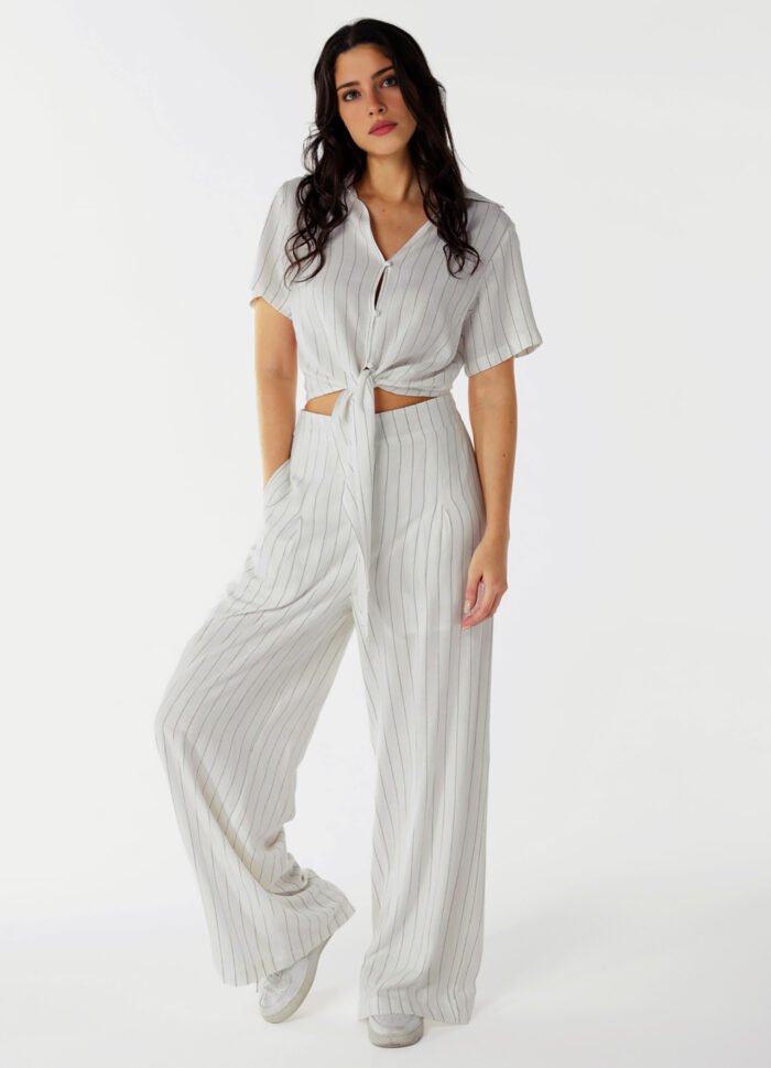 Calça Pantalona de Linho Branca Risca de Giz com Bolsos - Imagem 2