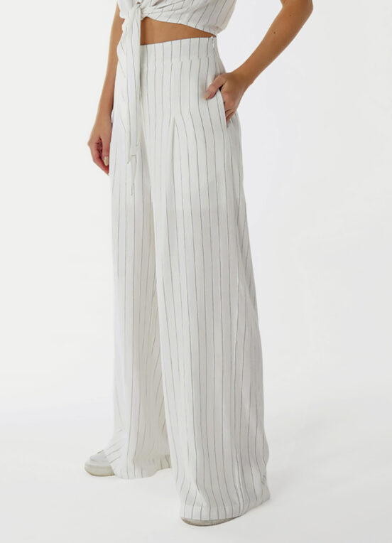 Calça Pantalona de Linho Branca Risca de Giz com Bolsos - Image 5