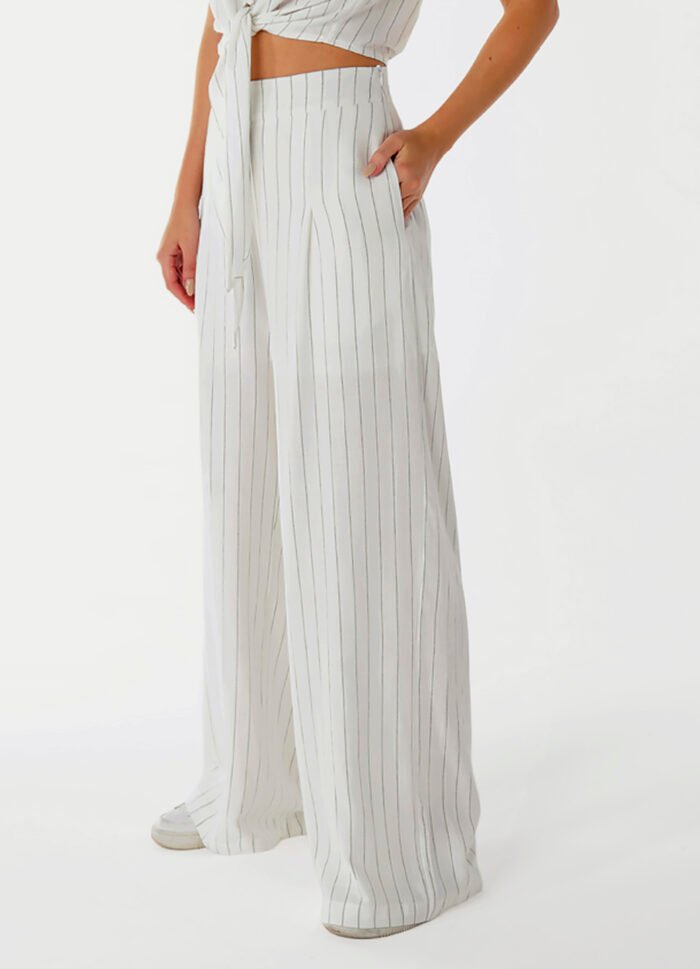 Calça Pantalona de Linho Branca Risca de Giz com Bolsos - Imagem 5