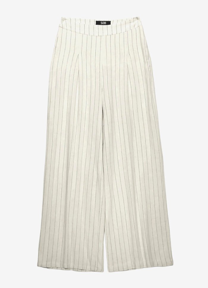 Calça Pantalona de Linho Branca Risca de Giz com Bolsos - Imagem 3