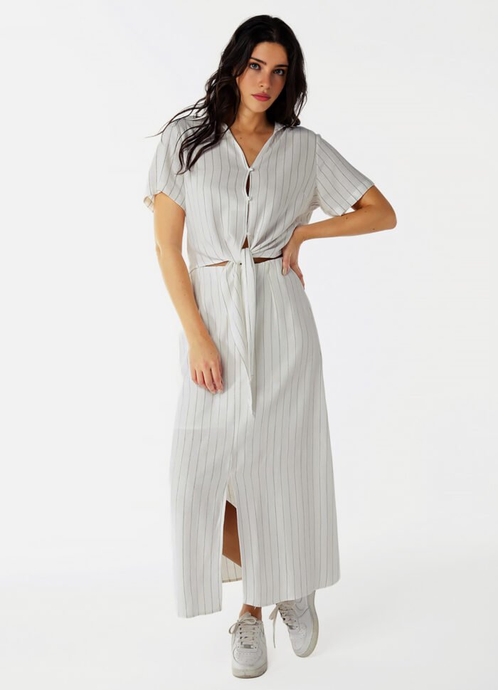 Saia Longa de Linho Branca Risca de Giz com Fenda - Imagem 2