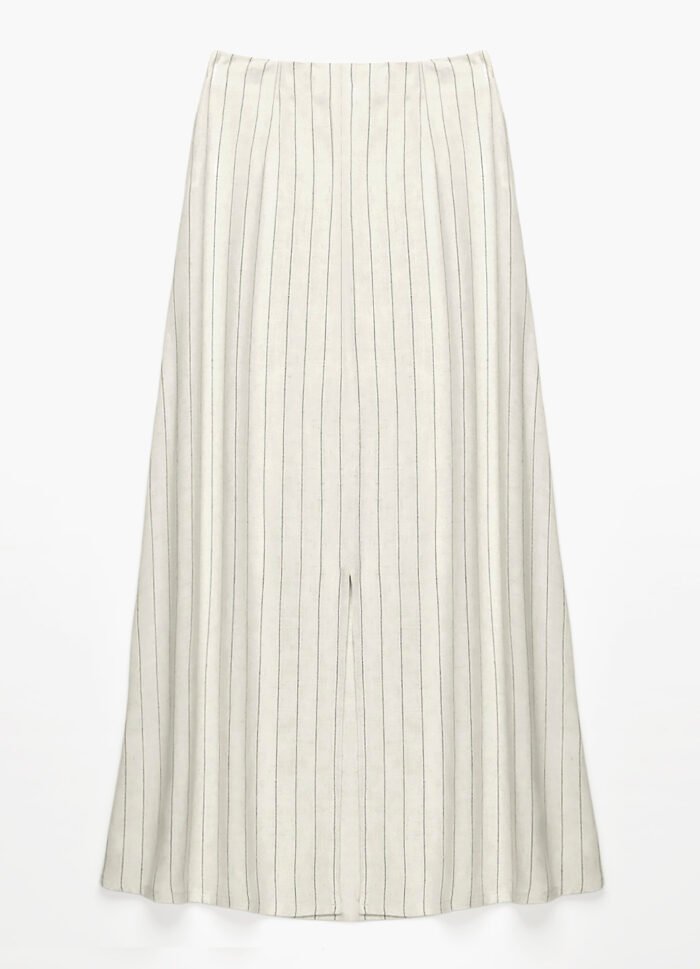 Saia Longa de Linho Branca Risca de Giz com Fenda - Imagem 4