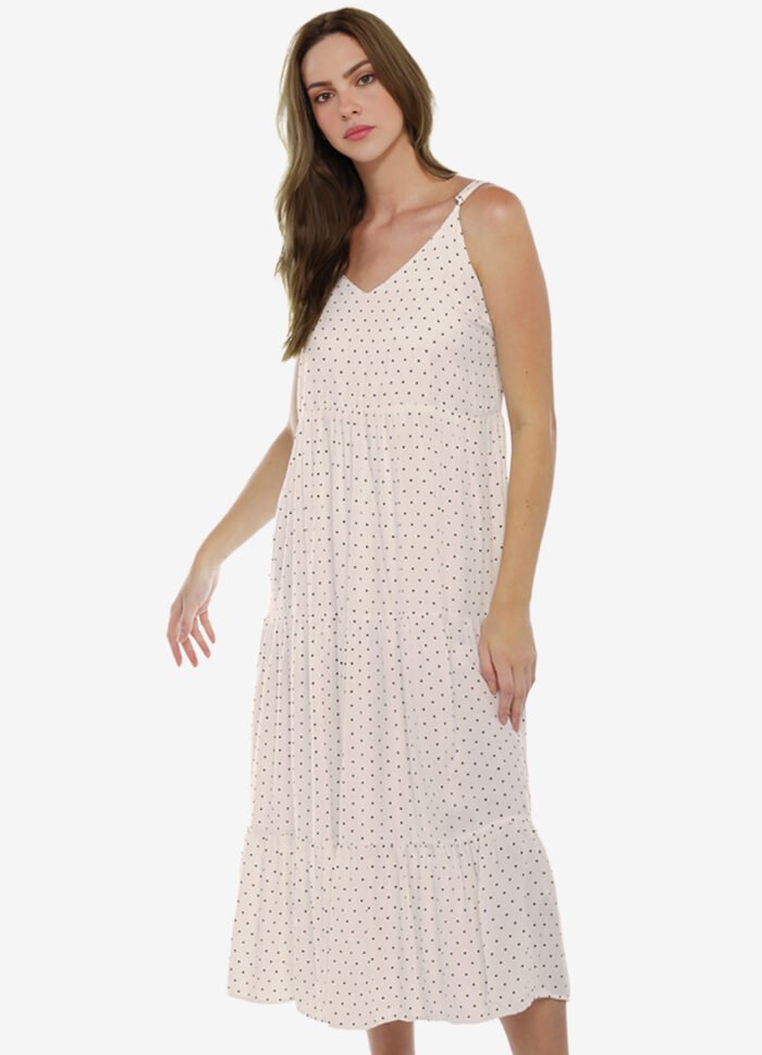 Vestido Longo Bege Claro de Bolinhas Pretas Poá em Viscose - Imagem 6