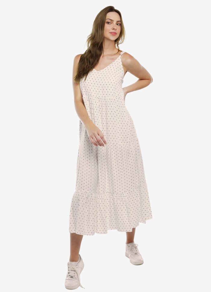 Vestido Longo Bege Claro de Bolinhas Pretas Poá em Viscose - Imagem 2