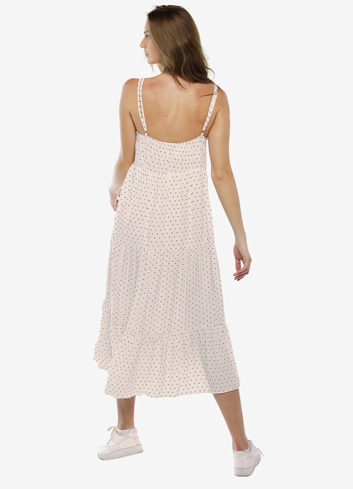 Vestido Longo Bege Claro de Bolinhas Pretas Poá em Viscose - Imagem 5