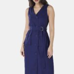 Vestido de Linho Midi Azul Marinho Decote V Transpassado
