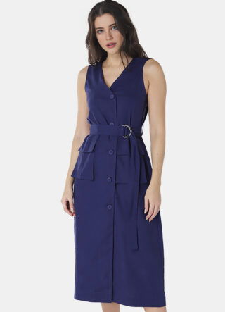 Vestido de Linho Midi Azul Marinho Decote V Transpassado