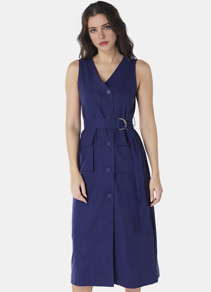Vestido de Linho Midi Azul Marinho Decote V Transpassado - Imagem 6