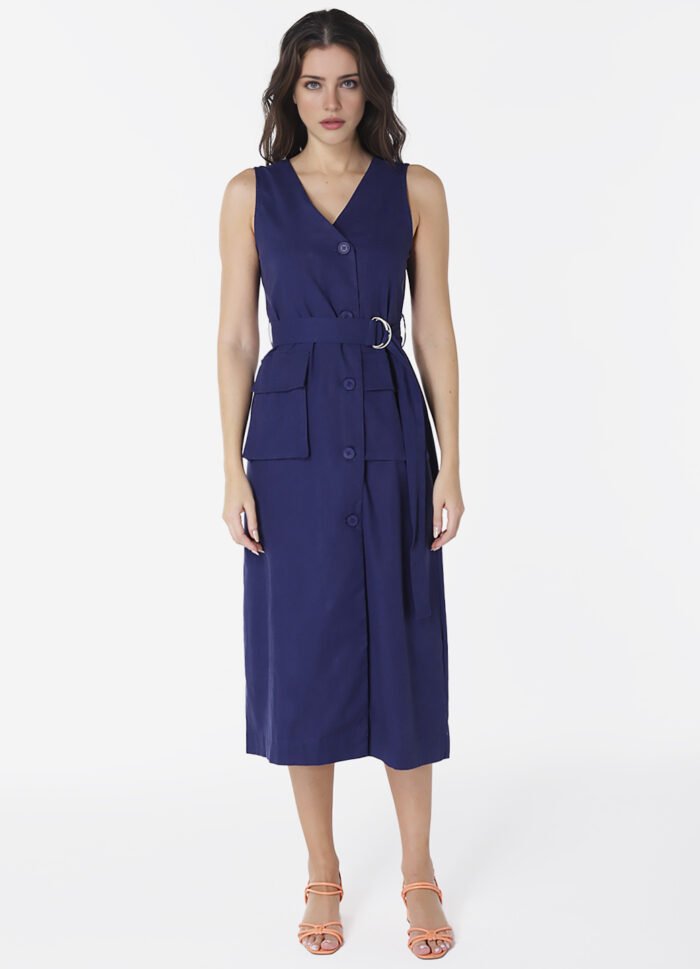 Vestido de Linho Midi Azul Marinho Decote V Transpassado - Imagem 5