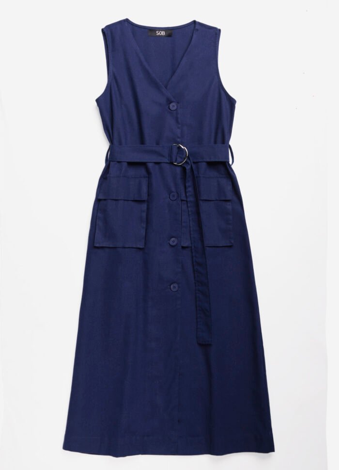 Vestido de Linho Midi Azul Marinho Decote V Transpassado - Imagem 3