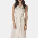 Vestido de Linho Midi Bege Decote V Transpassado